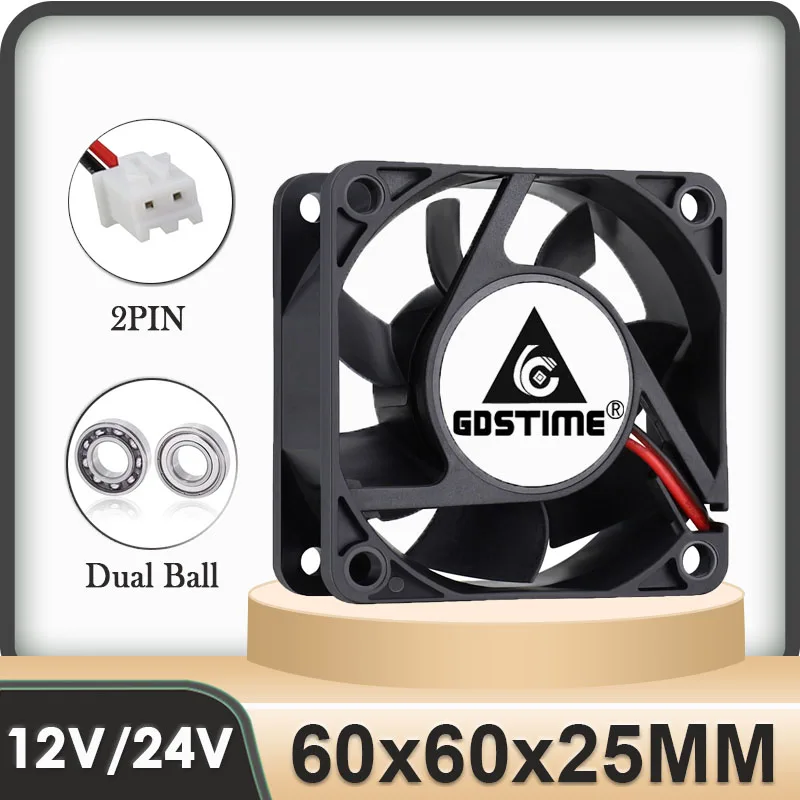 2PcsGdstime6025DualBallDC12VBrushlessCoolingFan60mmx25mm
