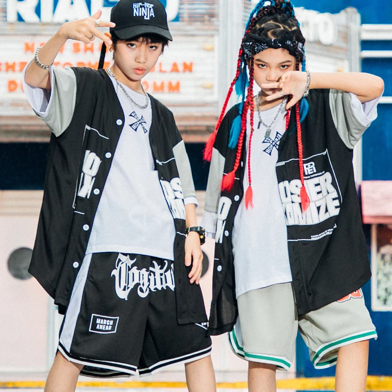 

Детские танцевальные костюмы в стиле хип-хоп, свободная бейсбольная рубашка, шорты, одежда для мальчиков, уличная одежда для джазовых танцев, одежда для выступлений для девочек DQS12768