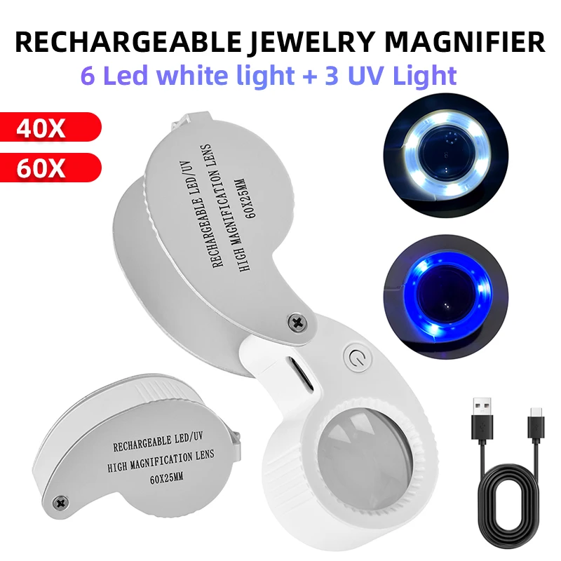 Jewelry Magnifier Rechargeable Jewelry Magnifier 40X 60X Foldable Magnifying Glass With UV LED Lights Illuminated Magnifier For Jewelers Gems Coin