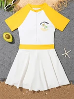 Kids Girls One Piece Swimsuit 2026 New Solid Zipper Short Sleeves Children Swimwear Summer Dress Shorts Beachwear Bathing Suits