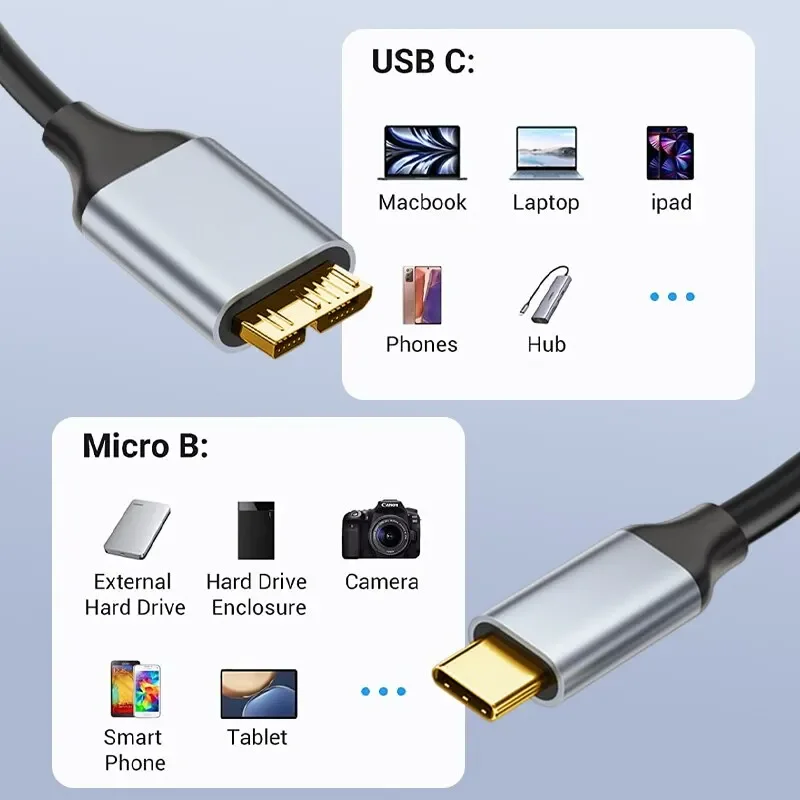 USB C to Micro B Cable Braided USB 3.0 Type C Male to Micro B Male For MacBook Toshiba Canvio camera