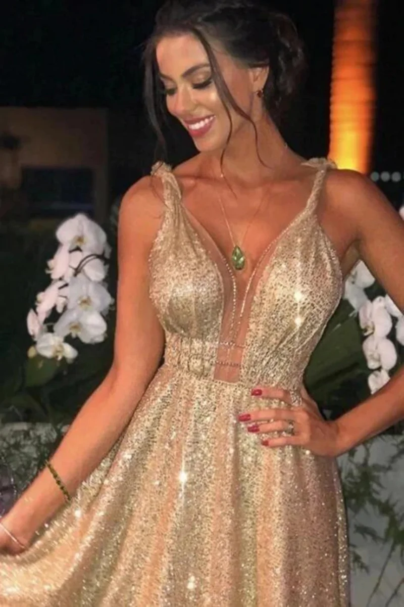 

Champagne A-Line Gold Prom Dresses Long Formal Sequins Shinny Evening Gowns V Neck Backless Party Dresses vestidos de noche