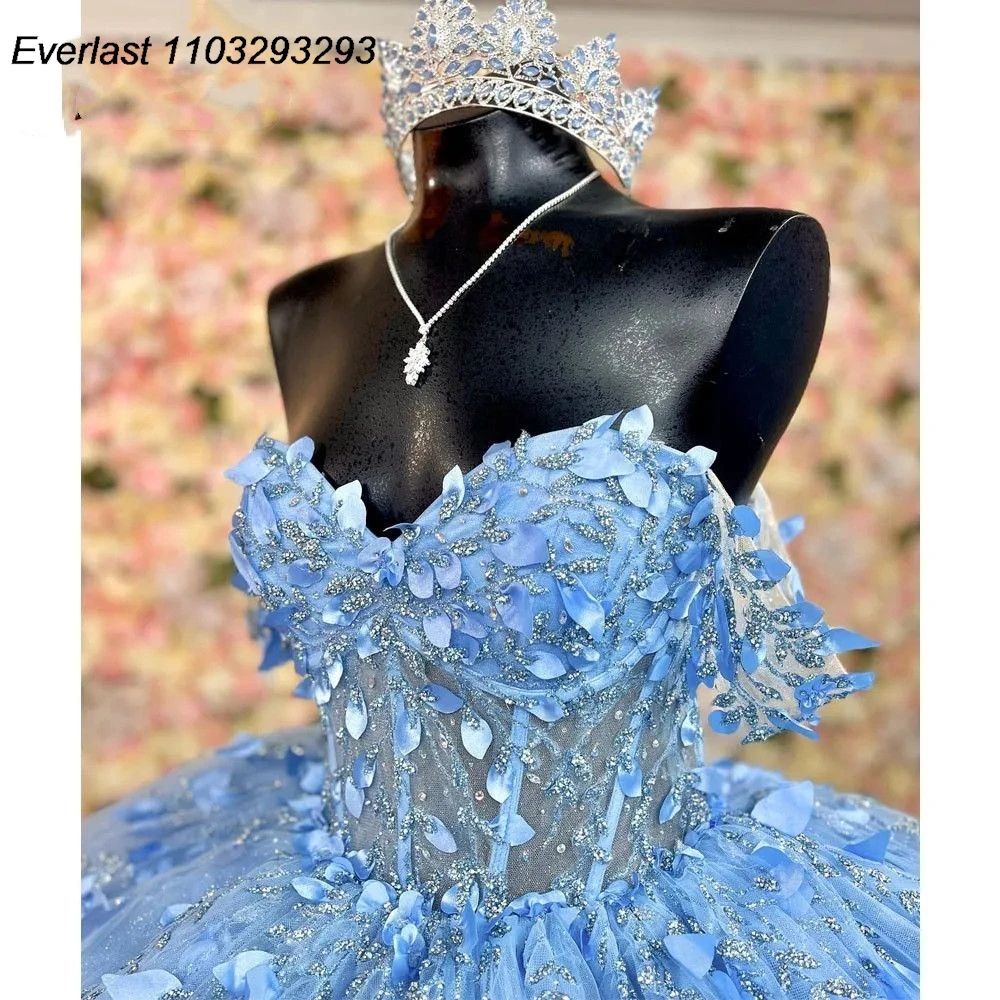 EVLAST Blue Quinceanera Dress Ball Gown Floral Applique Beaded Off Shoulder Sweet 16 Dress Vestido 15 De A&ntilde;os TQD258