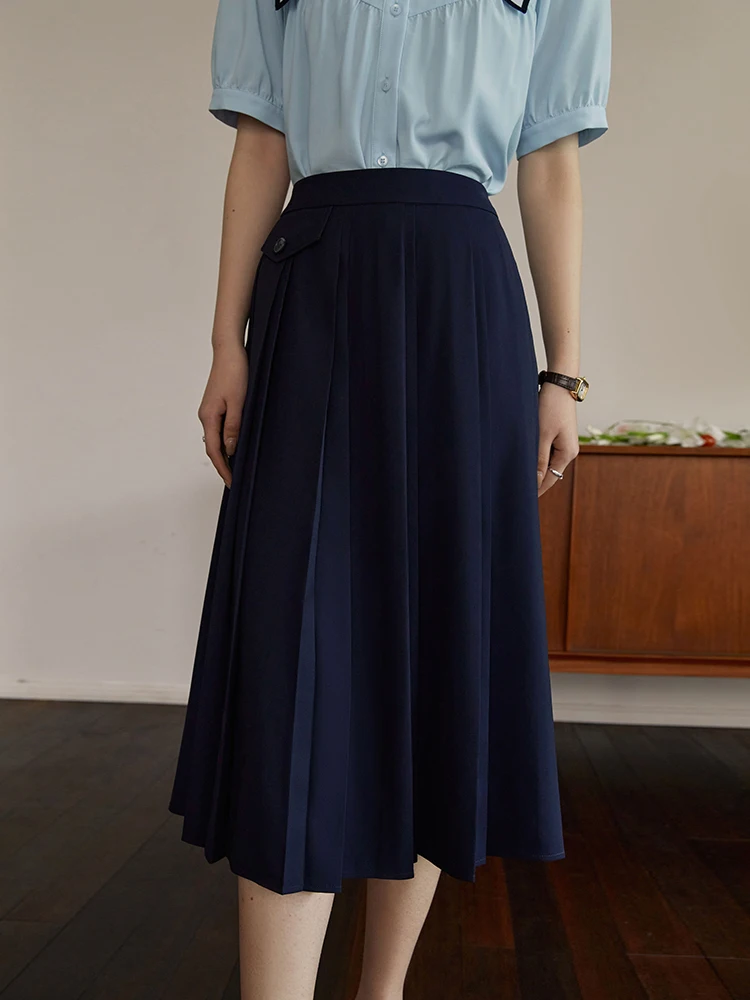 College Style Skirt For Women Summer Crotch Show Thin Deep Blue Pleated Skirt -S1e18a9a9671d48d9adc7f6855191006d4
