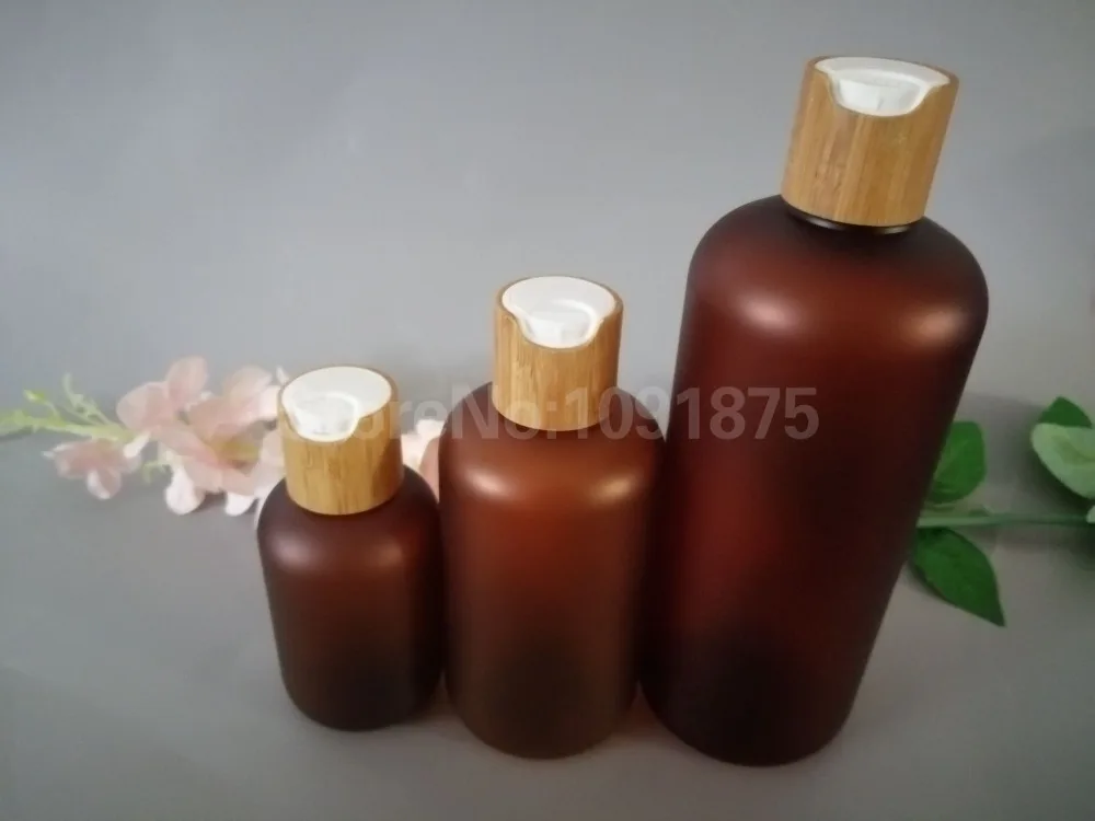 

10pcs 4oz 8oz 16oz 120ml 250ml 500ml Lotion Bottle Frosted Amber Plastic Pet bottle with bamboo disc top cap