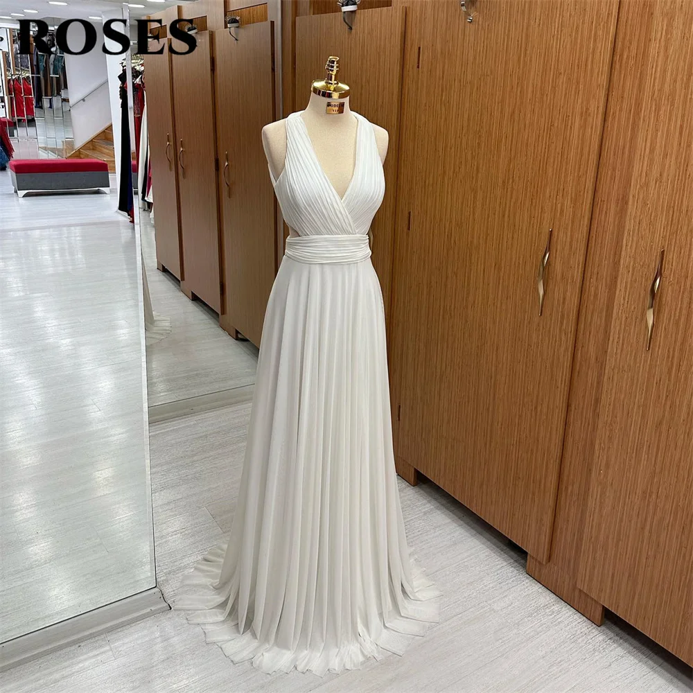 

ROSES White فستان سهرة Elegant V-Neck Chiffion Prom Dress Sexy Open Back Evening Dresses With Pleat Halter Beach Party Dress