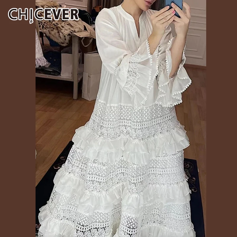 

CHICEVER Embroidery Long Dresses For Women V Neck Flare Sleeve Single Breasted High Waist Loose Spliced Ruffles Dress Female New