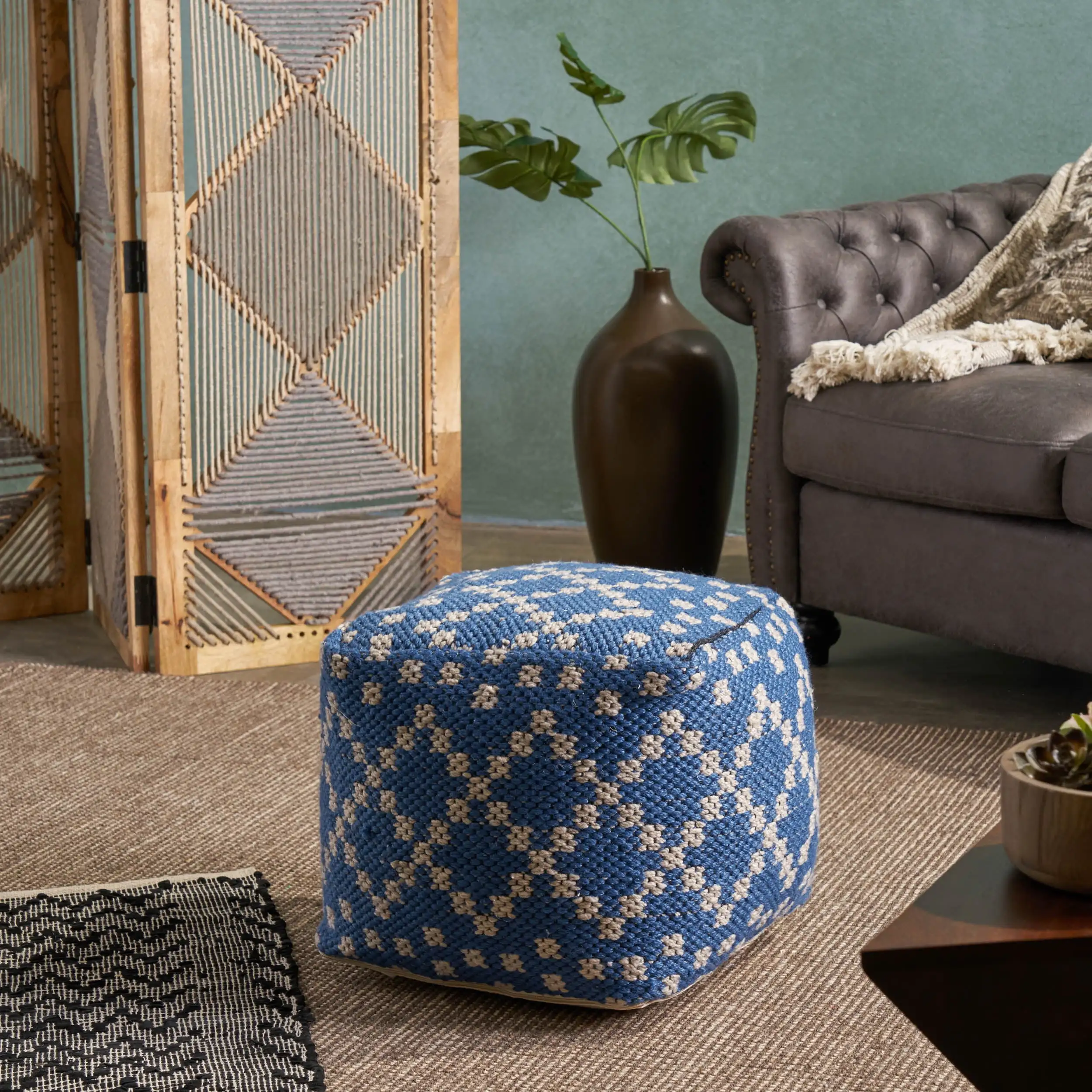 

Noble House Youssef Durable Low-profil Luxurious Colorfast Easy To Clean Indoor Handcrafted Boho Cube Pouf Blue and White