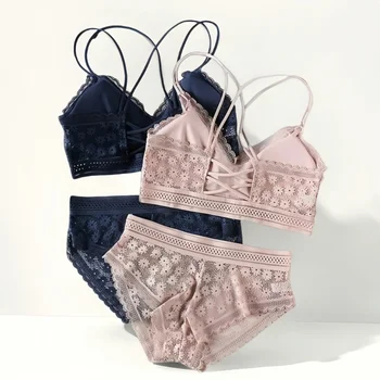 Women Lace Bra And Briefs Set Backless Bralette Solid Color Underwear Wireless Lace Bra Top Sexy Lingerie Set Female Intimates