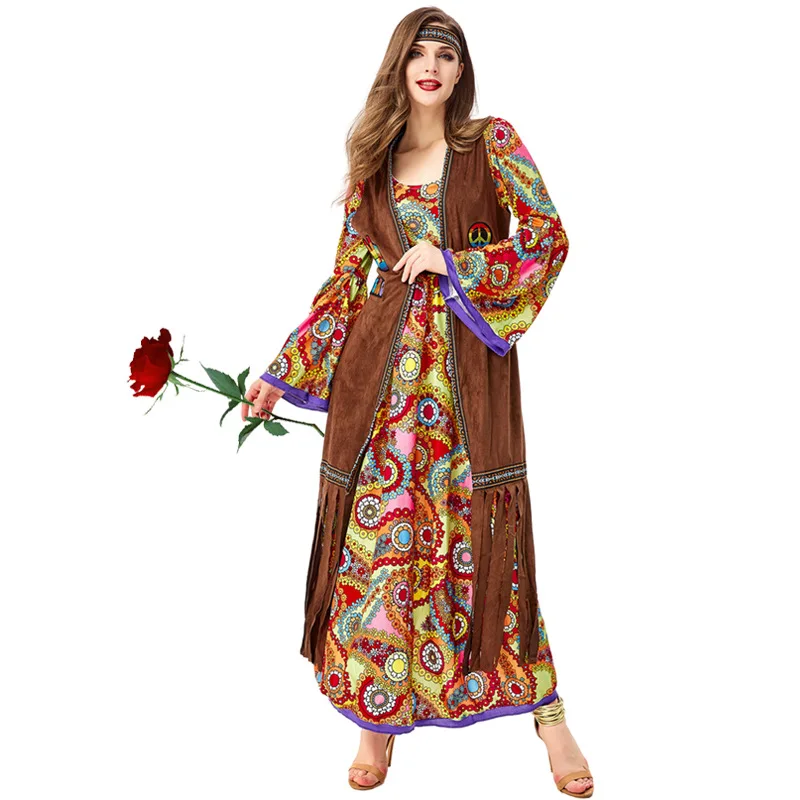 

Sexy Vintage Hippie Dresses Woman's Tribal Goddess Costume Adult Masquerade 70's 90's Costume Carnival Party Performance Costume