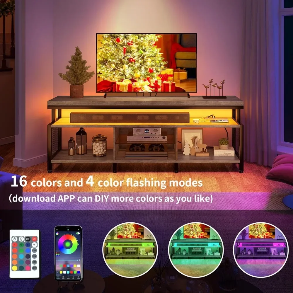 LED Television Stands w/Power Outlets for 70/65 inch,Industrial TV Stand,w/Open Storage TV Table,Center for Living Room, Gray 2