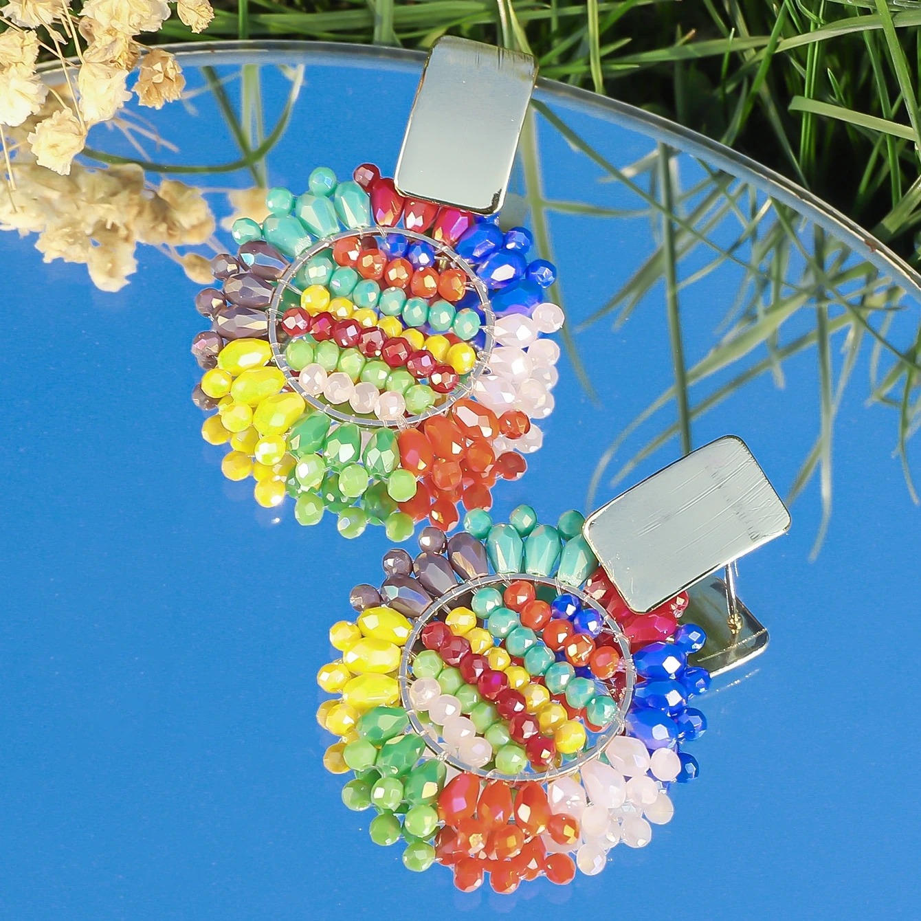 Bohemain Rainbow Sunflower Seed Beads Drop Earrings for Women Summer Delicate Crystal Beaded Earrings Handmade Jewelry Gifts