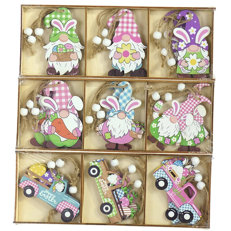 

9pcs Easter Rabbit Wooden Pendant Hanging Painting Car Faceless Gnome Bunny Wood Craft Ornament for Home Easter Party Decor Gift