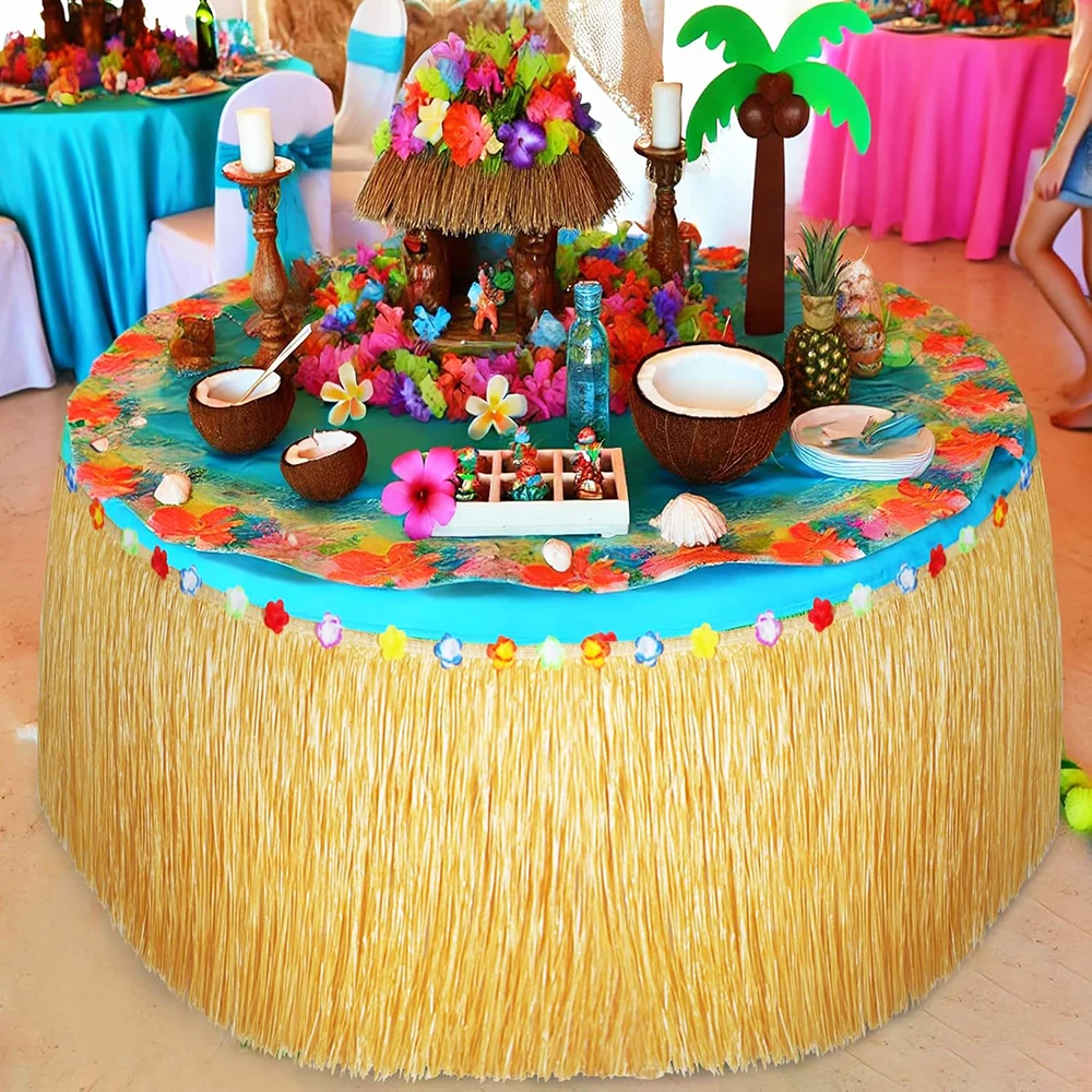 Hawaiianischer Stroh-Tischrock, tropischer Luau-Gras-Tischrock, hawaiianischer Meer, Strand, Hula, Party-Dekoration, Hochzeit, Geburtstag, Party-Dekoration – Detail 4
