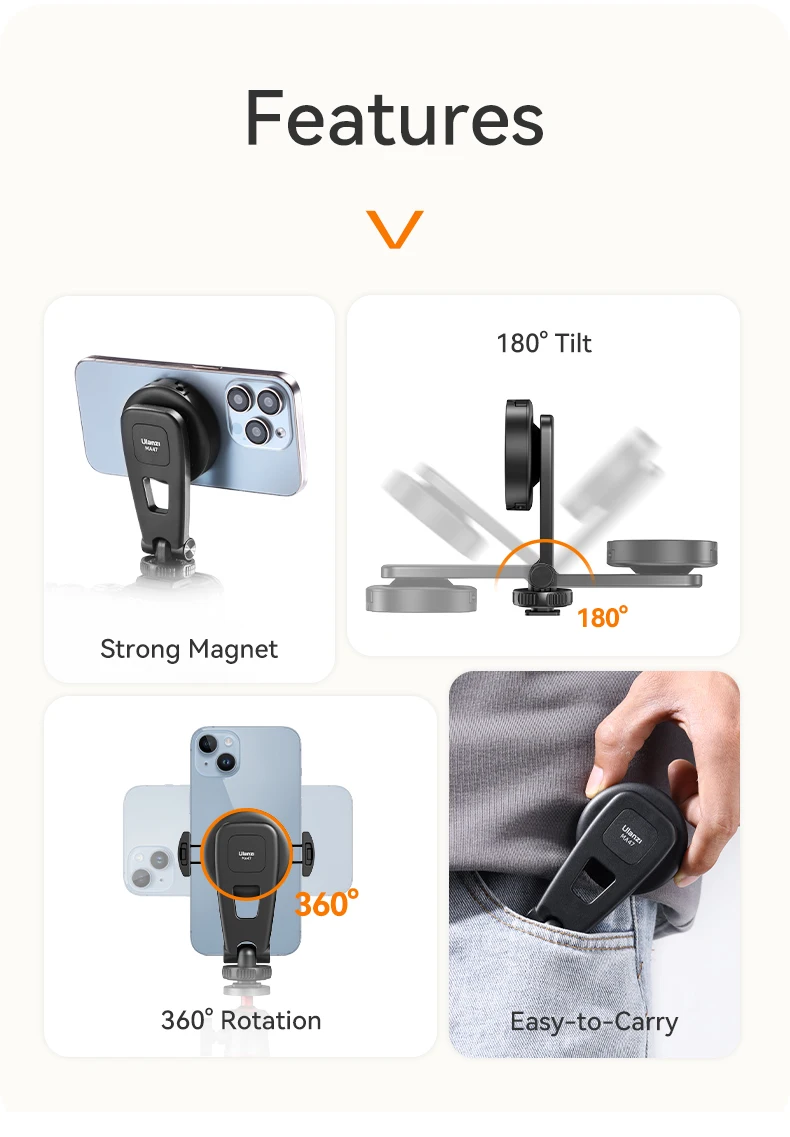 Description Picture 6 of itemUlanzi MA47 Magsafe Magnetic Phone Clamp for Iphone 15 14 13 12 Android Phone Clip Holder Tripod Mount with 1/4" Screw Cold Shoe