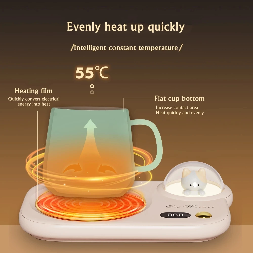 Lovely Cat 3 Gear Temperature 8 Hours Auto-off Coffee Milk Water Mug Warmer Heating Cup Coaster Mat with Night Light Cup Heater 5