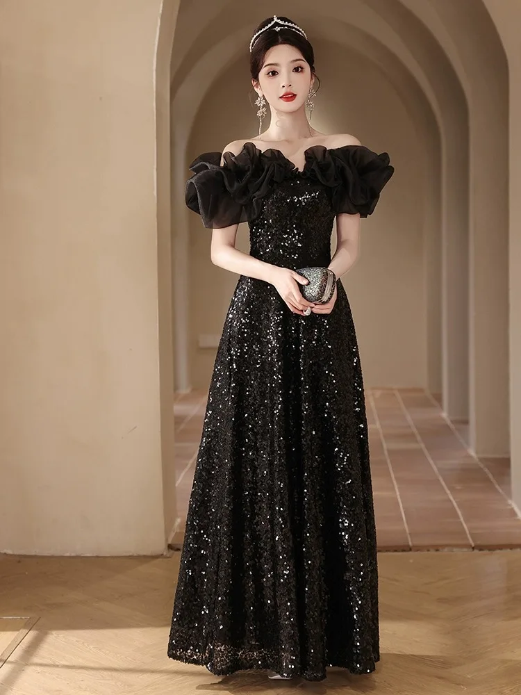 

Black 37 off-shoulder evening dress for women, high-end niche wedding banquet temperament dress summer