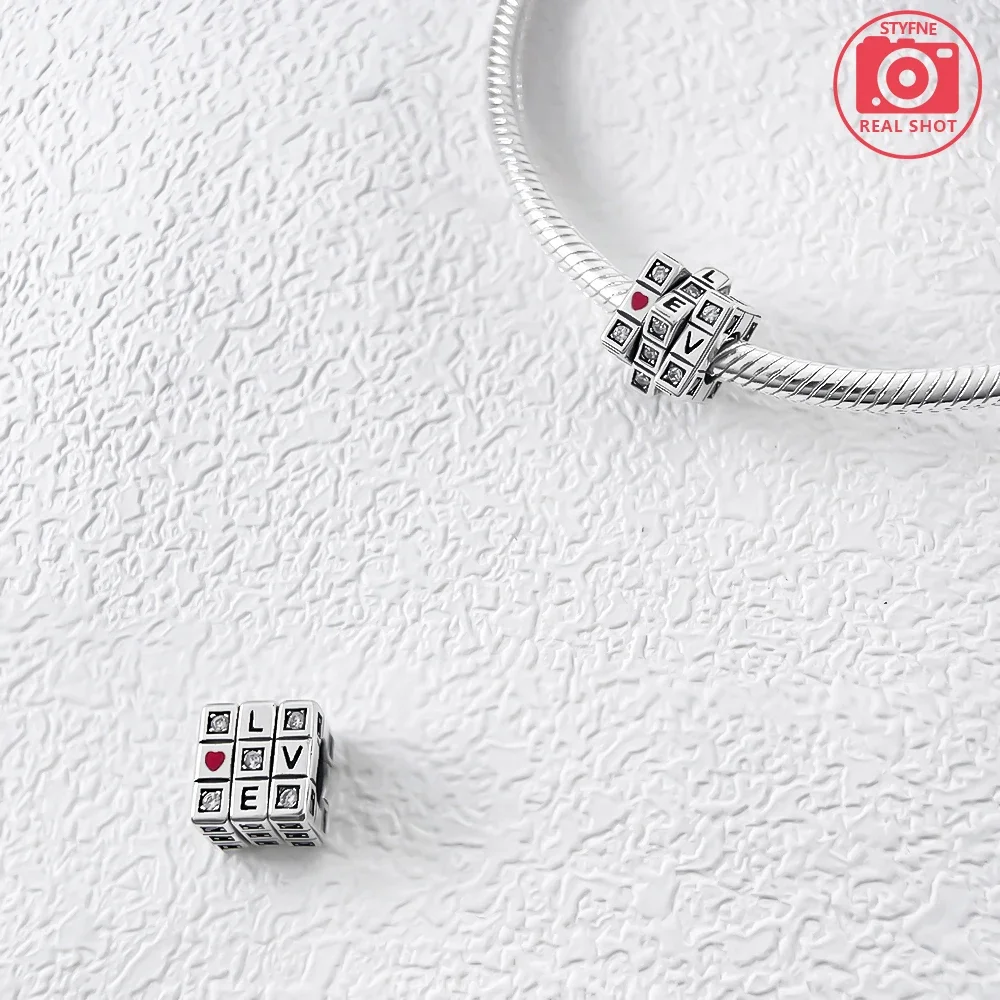 New 925 Silver Sparkling Magic Cube Love Charm Red Heart Beads DIY for Women Original Bracelet Fine Jewelry Gift Accessories 3