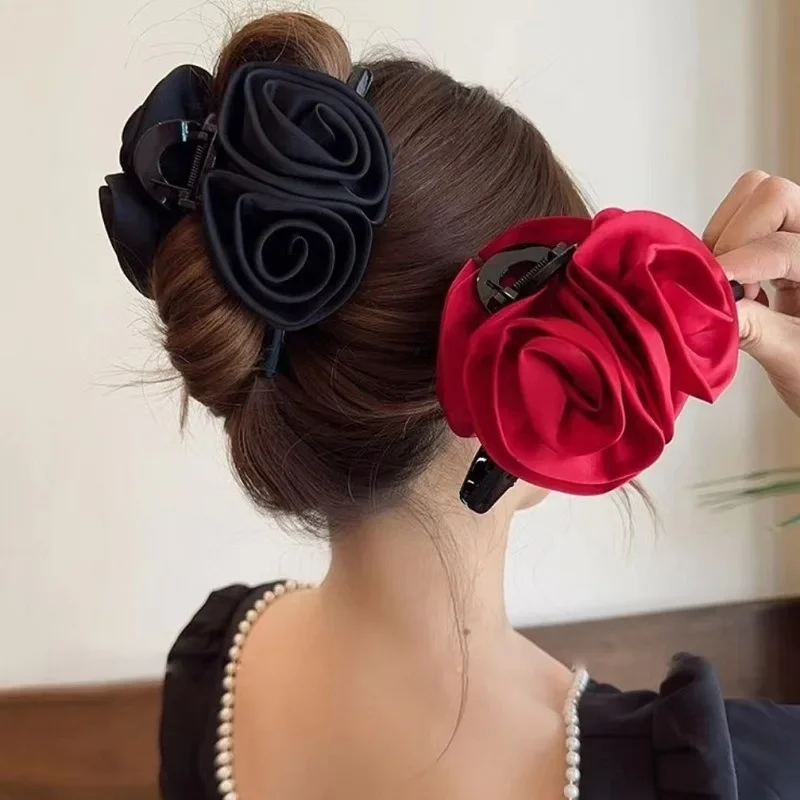 Französische große Doppel-Rosen-Haarklammern für Frauen und Mädchen, Vintage-Satin, fester Stoff, handgefertigt, Hai-Haarklammer-Zubehör, Neu – Detail 12