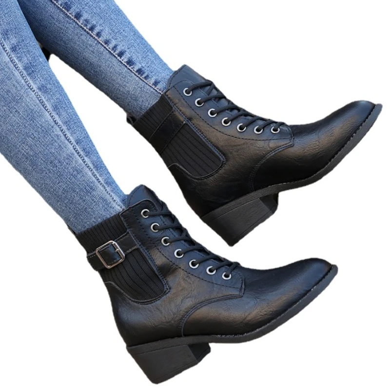 Ladies Shoes 2023 Hot Sale Lace Up Women's Boots Winter Pointed Toe Solid Short Barrel Chunky Heel Large Size Chelsea Boots