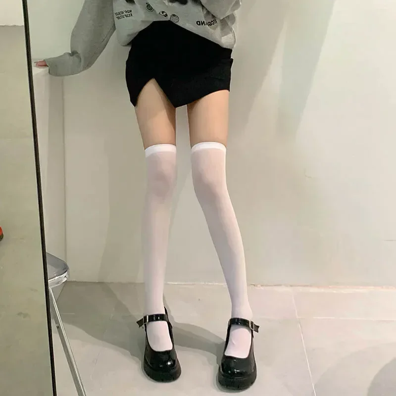Women Suspender Wide-banded Velvet Tights Lolita Thin Thigh High Stockings with Garters Y2K JK College Style Over The Knee Socks