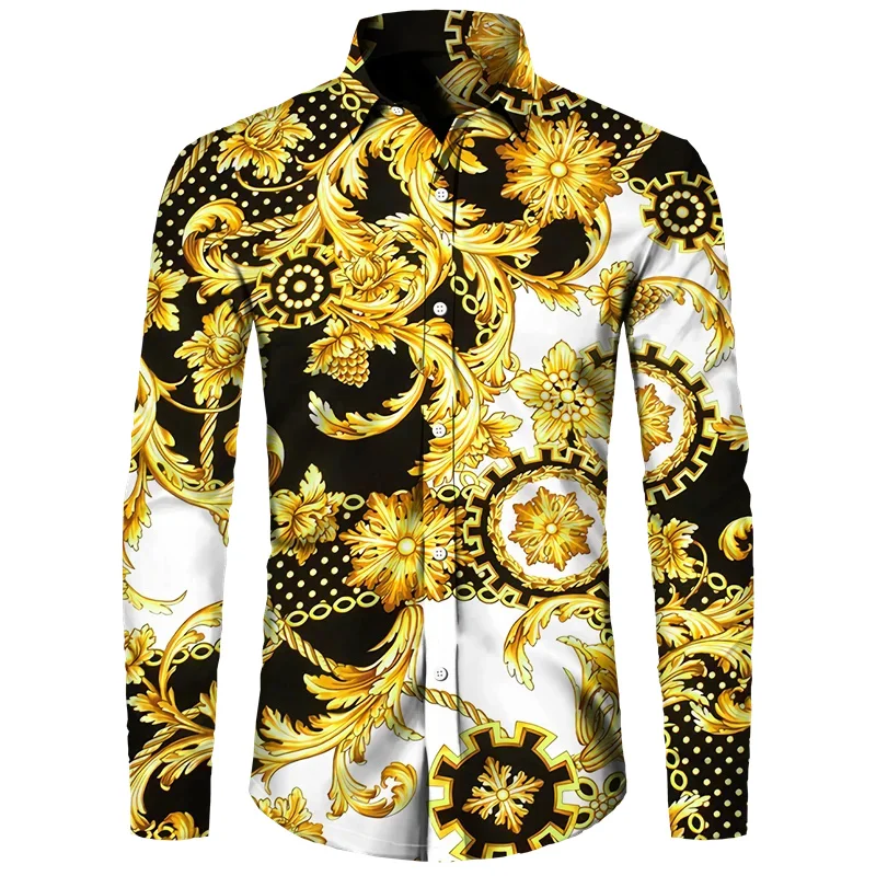 thumbnail image 1 of Camisa de manga larga con estampado 3D de cadena de flores doradas de lujo para hombre, ropa informal de diseñador para hombre, camisas con botones de solapa, 1 of 4