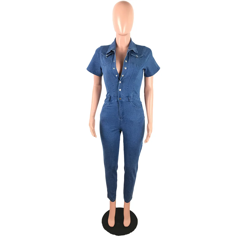 Ladies Fashion Casual Lapel Short Sleeve Skinny Light Blue Denim Jumpsuit Summer Tidal Current Jumpsuit