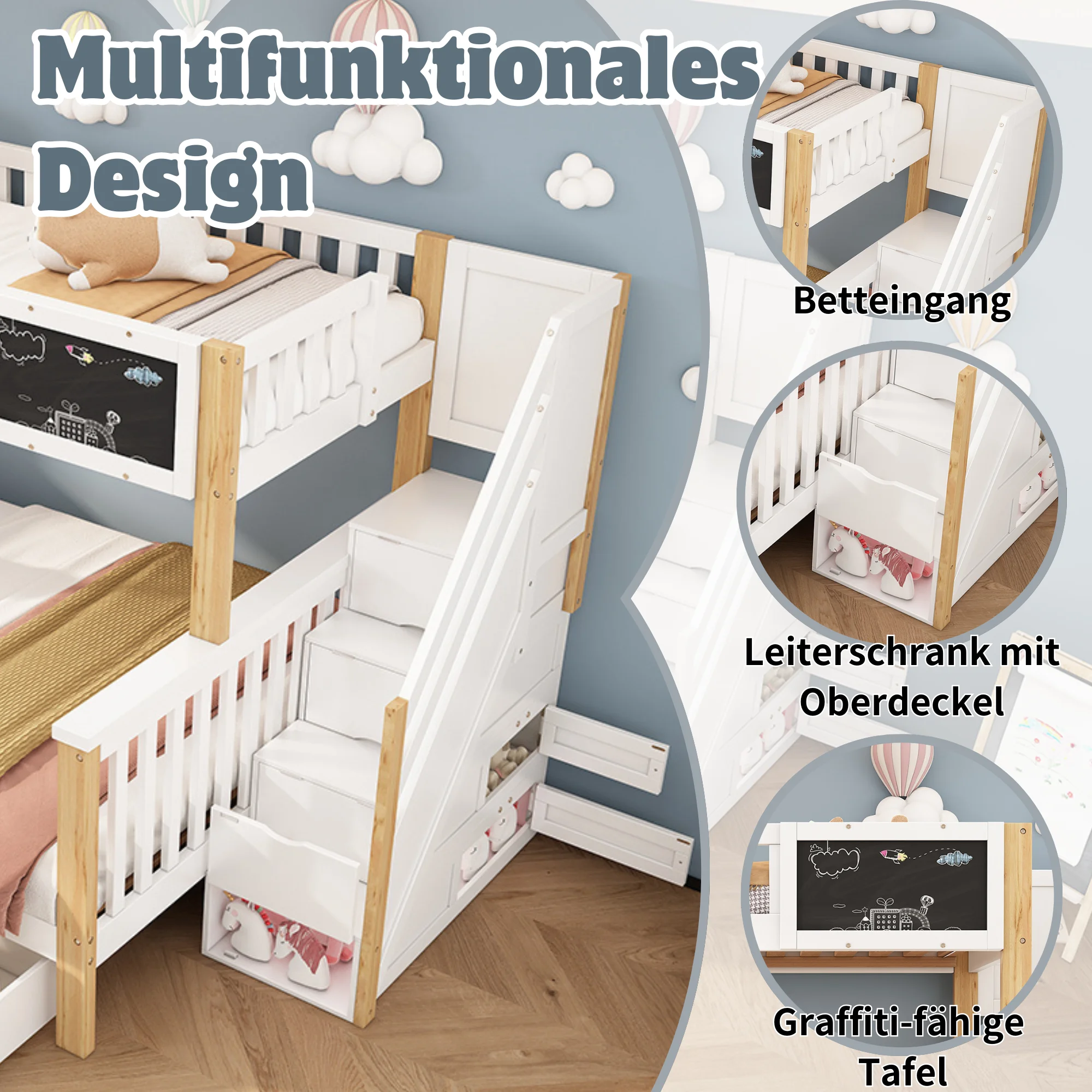 Multifunktionales Etagenbettgestell für Kinder, Doppelbett aus Holz, Kinderbett, mit Tisch und Schubladen, ohne Matratze, Weiß + helle Eiche – Detail 5
