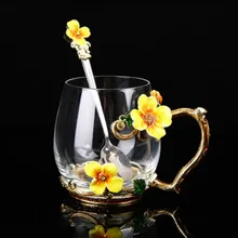 

New Enamel Glass Cup Mug for Coffee Flower Tea Glass Cups with Spoon Home Decoration Drinkware Perfect Wedding Gifts Tea Mug Set