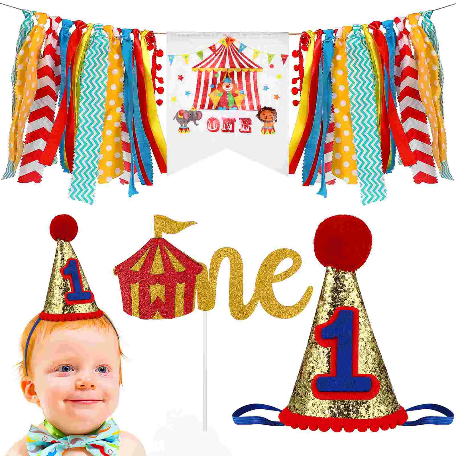 

3 Pcs Happy Birthday Banner Cake Flag Hat for Baby First-Birthday Shower Party Cartoon Circus Theme Party Supplies