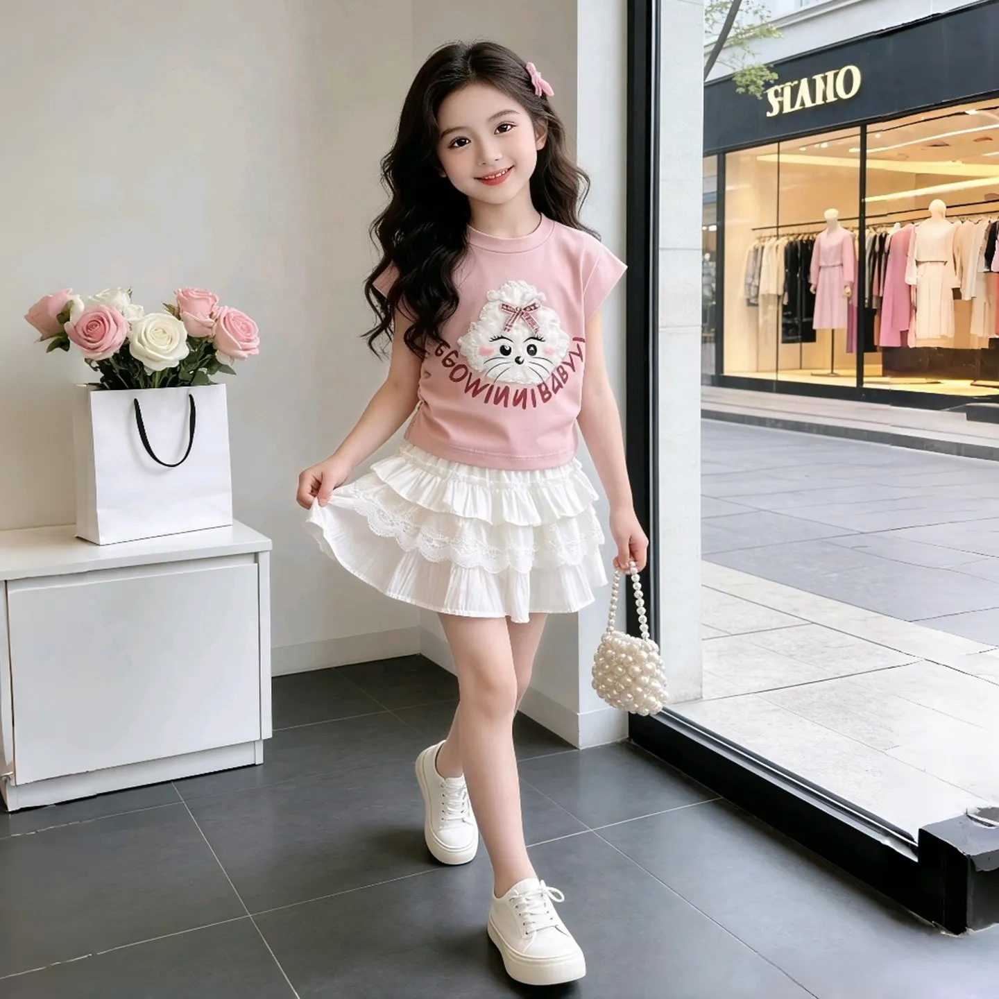Girls Summer Outfit Short Sleeve T-Shirt And Skirt Set Two Pieces Casual Style Children's Fashion Trendy Clothing for Kids - 4