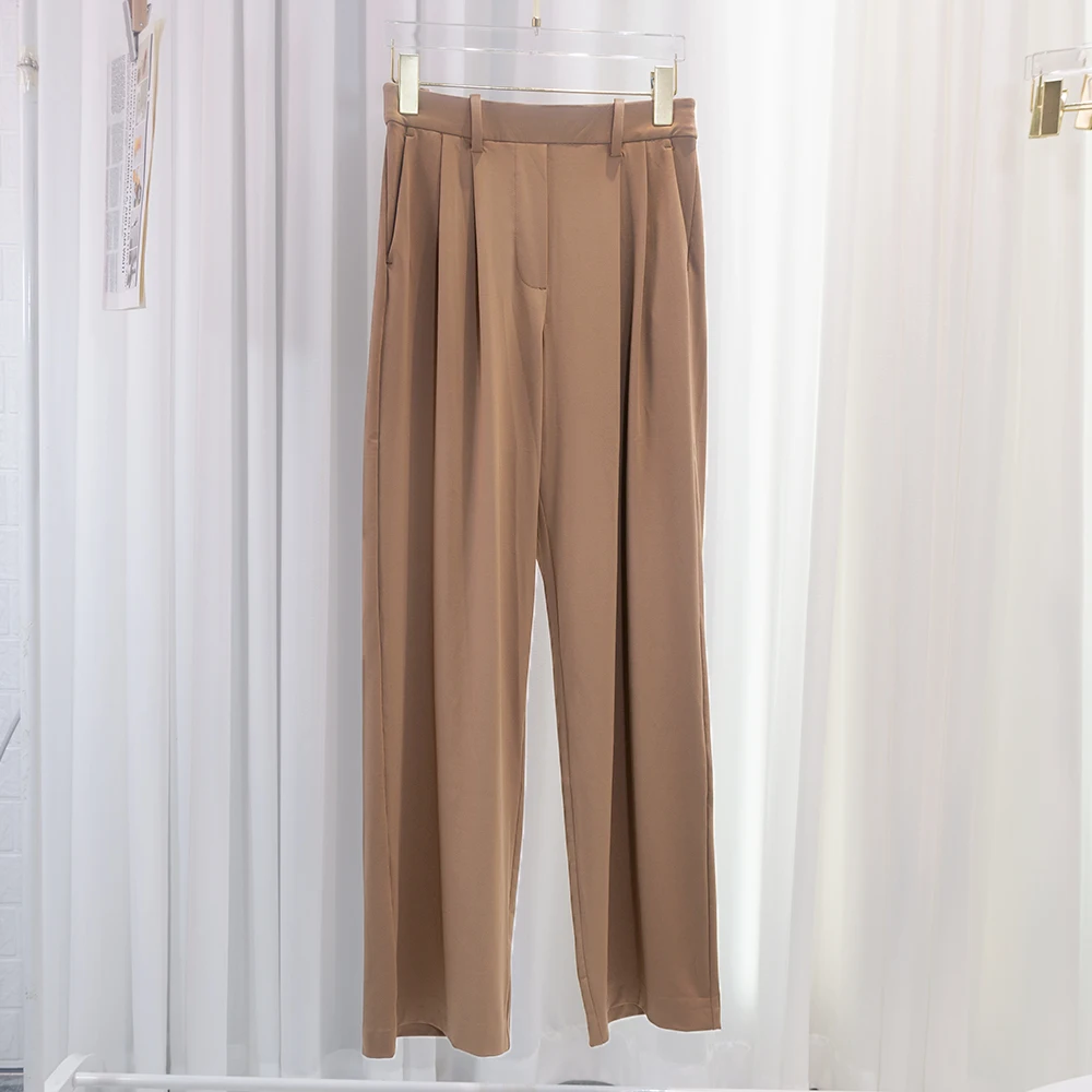 Pocketed suit pants with pleats, cool feeling, versatile wide-legged, long pants, casual, straight-cut, elastic waist