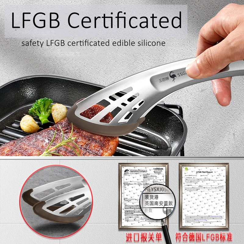 LFGB Certificate 304 Stainless Steel Safety Silicone Barbecue Clip Never Deform Weightless Food Tongs for Fried Kitchen Tool