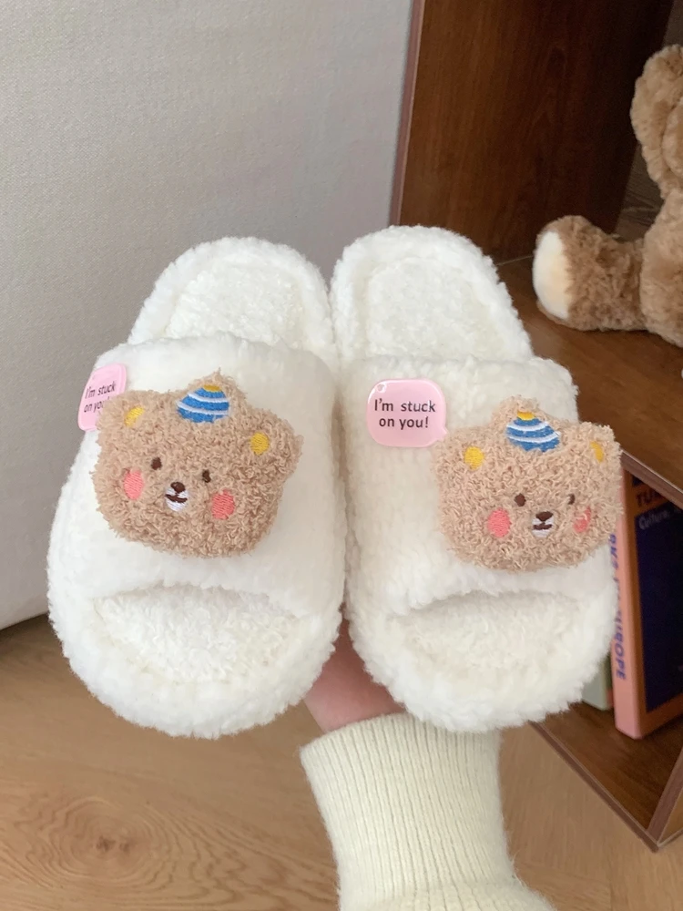 Cute Bear Plush Slippers Women Home Casual Anti Slip Cotton Slippers Indoor Household Slipper
