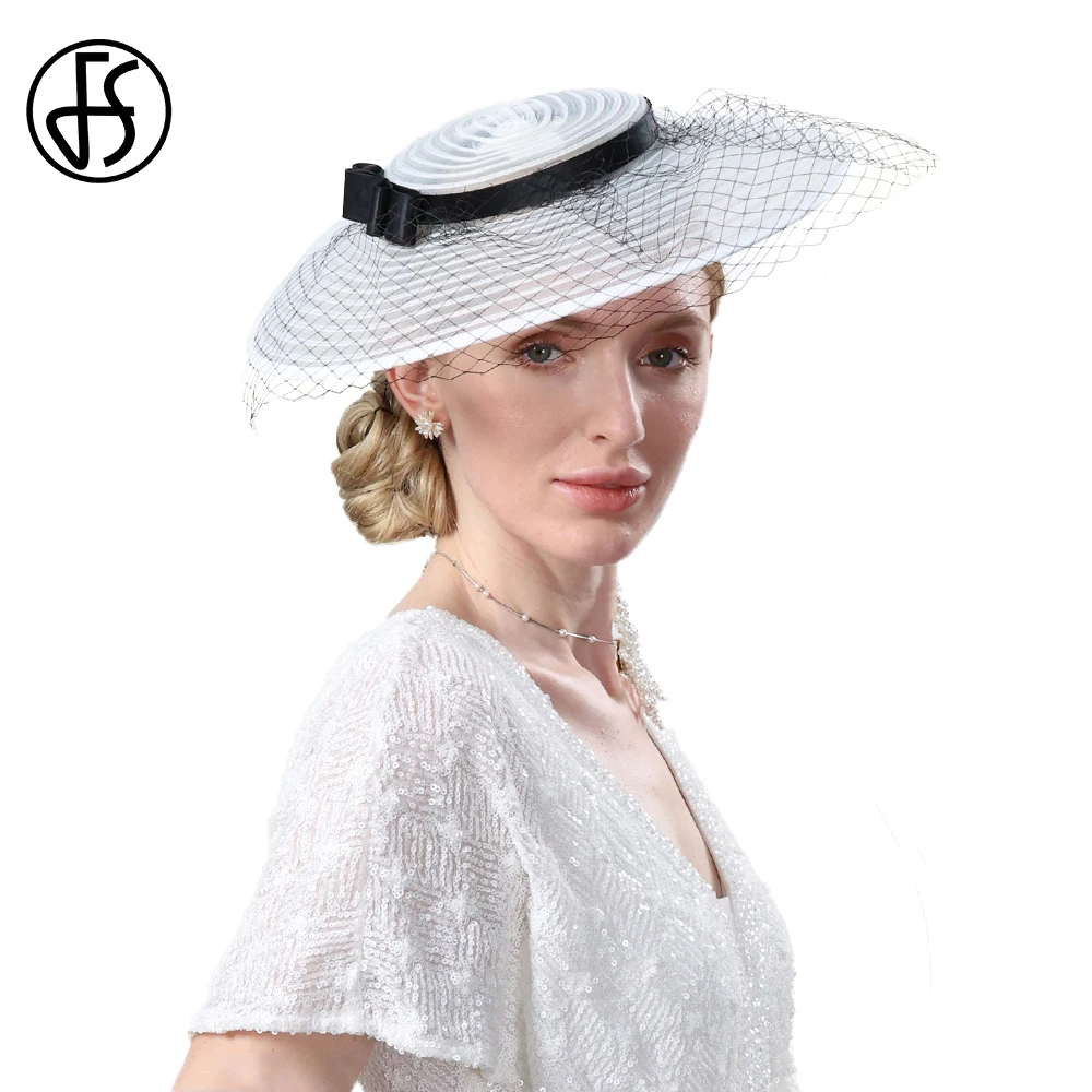 

FS Kentucky Derby Hat Pillbox Hats Fascinators For Women Elegant White Church Cap With Veil Bow Wedding Party Dress Fedoras 2023