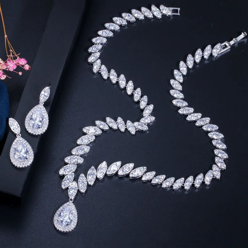 

smvp Classic Water Drop Stones Paved Cubic Zirconia Wedding Earrings Necklace Bridal Jewelry Sets Costume Jewellery JS023