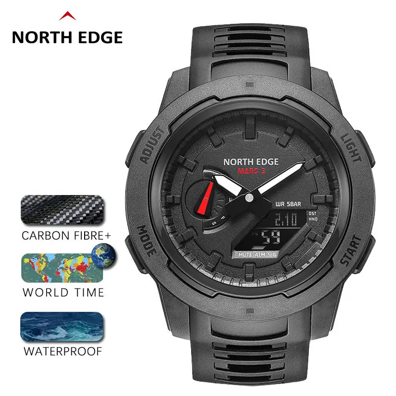 NORTH EDGE Watch For Men MARS3 45MM Carbon Fiber Case Stopwatch Alarm Clock World Time Waterproof 50M Men Watch Reloj Hombre shawn pittman edge of the world 1 cd