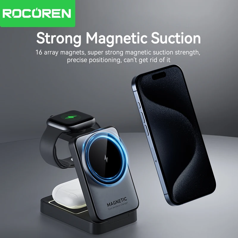 Rocoren Folding 3 in 1 Wireless Charging Stand Portable Magnetic Fast charging Station Dock For iPhone 15 14 13 Watch Headphones Best Sellers In Phones Accessories