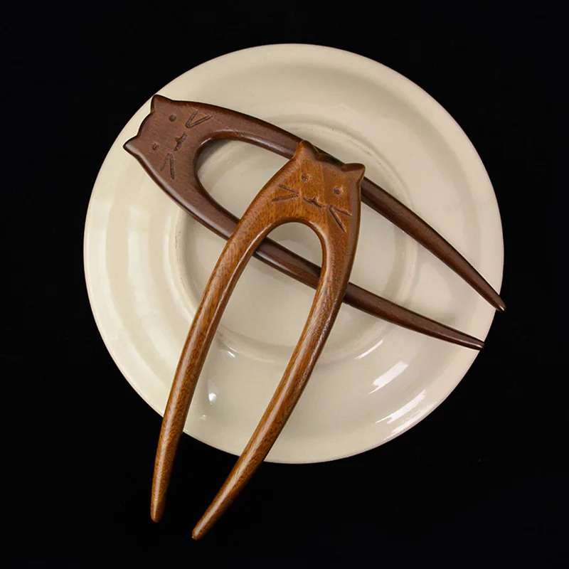 Chinese Style Cat Wooden Hair Stick U Shaped Hair Forks For Women Hair Bun Maker Hairpins Retro Fashion Headpieces Accessories