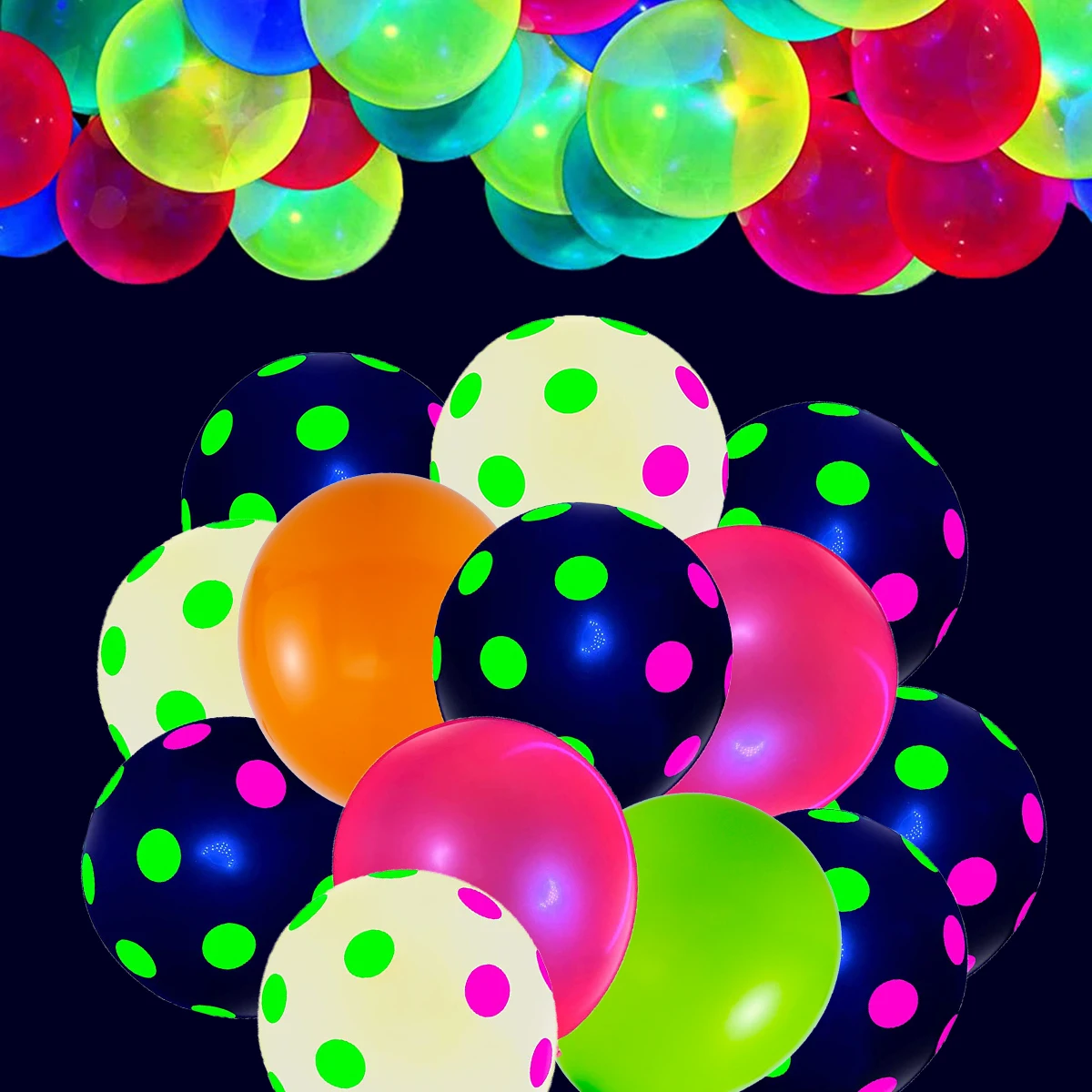 90Pcs Neon Balloons 12'' UV Neon Glow Balloons Reusable Polka Dot Blacklight Glow in the Dark Latex Balloon Blacklight