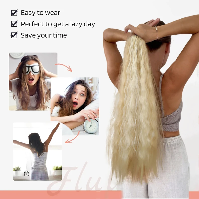 24 inch Long Synthetic Curly Wavy Ponytail wig, Looks Curly and Extended, Gold/Brown/Black/, Maintenance Free (DIY hairstyle)