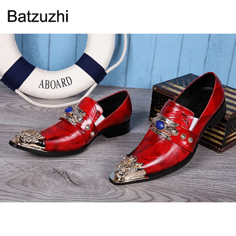Batzuzhi Luxury Italian Style Men Business Shoes Pointed Golden Toe Leather Dress Shoes Men Red Party, Wedding Shoes for Men!