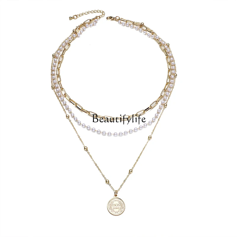 

Multi-Layer Twin Golden Statue Pearl Fashion Temperament