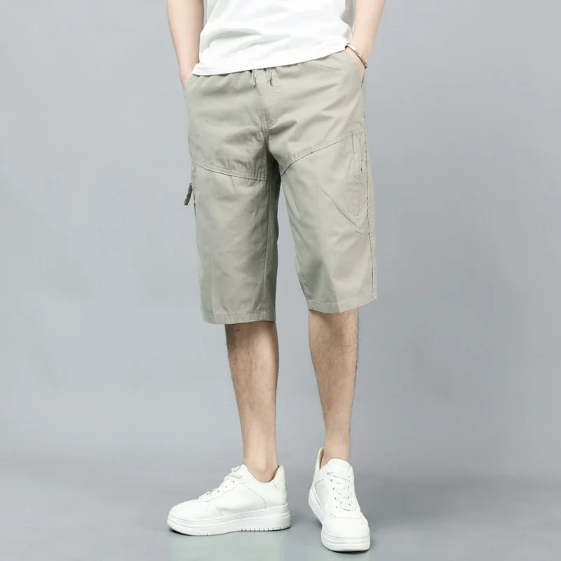 2023 Summer New Men's Clothing Crop Jeans Pure Solid Color Cotton Pockets Casual Trend Loose Casual Shorts Straight Mid Pants