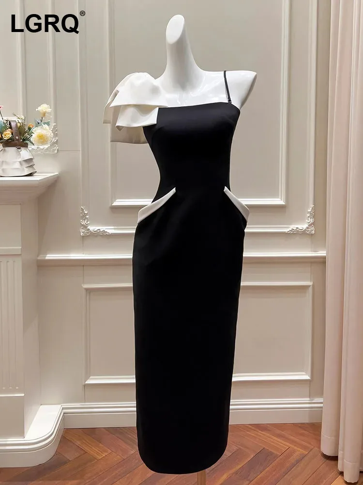 

LGRQ Women Dress Colorblock Single Shoulder Fashion Bow Design Slash Neck High Waist Sleeveless Elegant Dress Summer 2024 3WM444