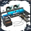 L Shaped Desk with File Drawers, 64" Home Office Desk with Power Outlet & LED Lights, Reversible Gaming Desk 1