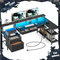 L Shaped Desk with File Drawers, 64" Home Office Desk with Power Outlet & LED Lights, Reversible Gaming Desk 1