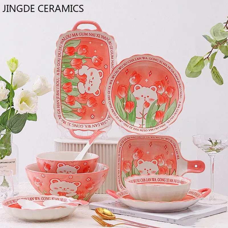 

Высококачественная керамическая тарелка, подглазурованная цветная посуда, милая бинауральная форма для выпечки, Салатница, рамен, миска, кухонные фарфоровые обеденные тарелки