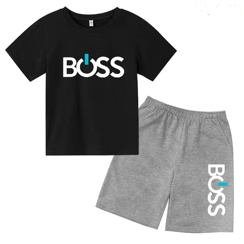 thumbnail image 1 of Conjunto de 2 piezas de camiseta de manga corta y pantalones cortos con estampado de letras de marca de verano, traje deportivo informal para niños y niñas, conjunto de moda para niños, 1 of 5