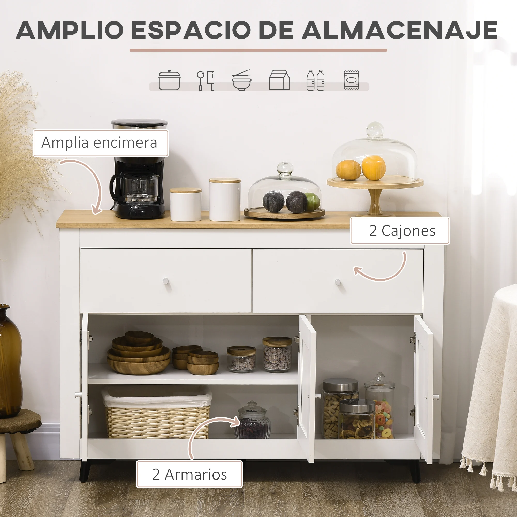 Mueble auxiliar de cocina Homcom 3 armarios+1 cajón blanco 178x71x41 cm